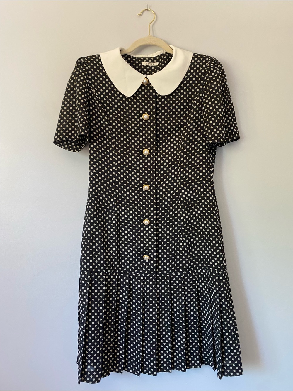 Vintage DAVID Black & Light Gray Polka Dot Dress | Cream Collar | Pearl Buttons
